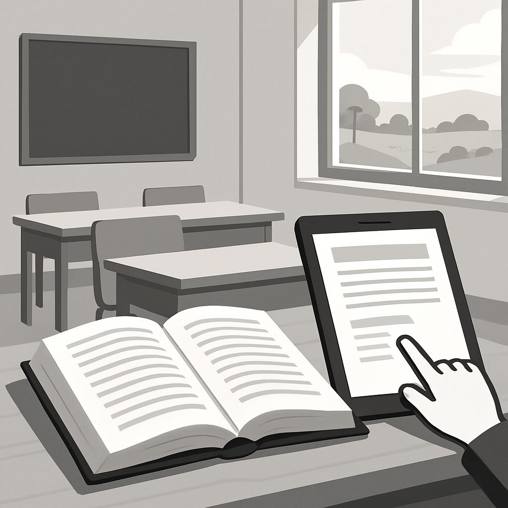 A grayscale classroom illustration depicting a person reading on an e-reader and an open book.