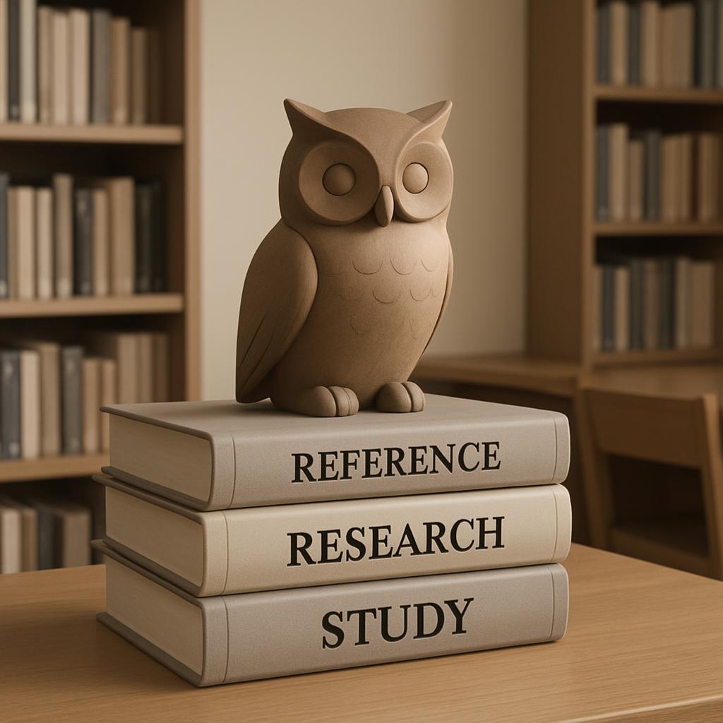 Stylized, close-up photograph of stacks of books spines labeled 'RESEARCH', 'REFERENCE', 'STUDY' alongside a tan smart owl...