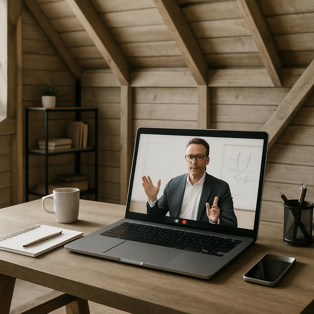 Laptop screen displaying a man in a suit speaking in front of a white background, on a wooden desk.