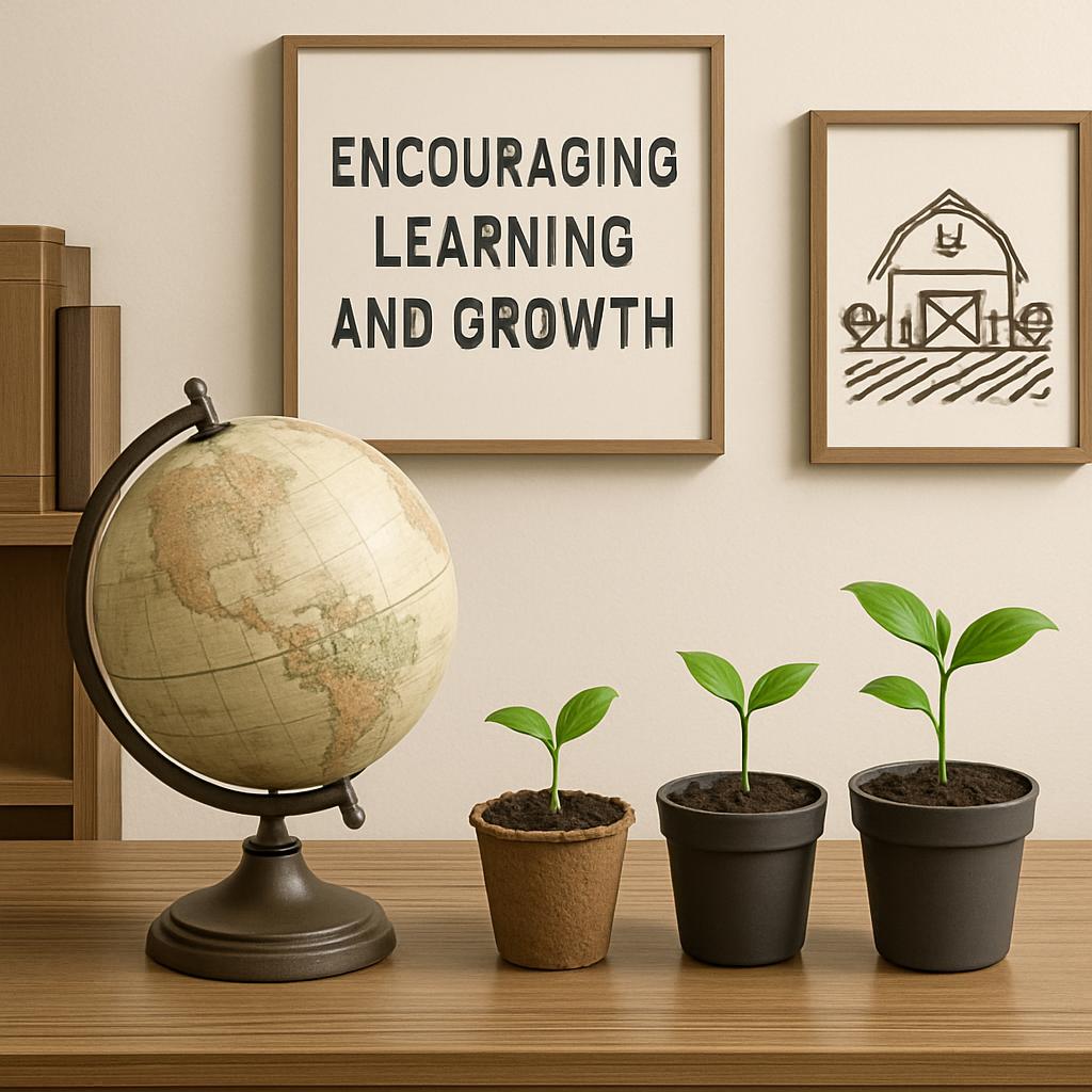 Globe, three green plant sprouts and three pictures on a shelf with the one in the middle reading "Encouraging Learning an...