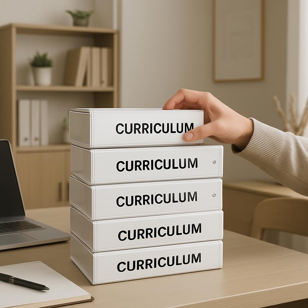 A stack of white binders labeled "CURRICULUM" with a hand reaching towards the top.