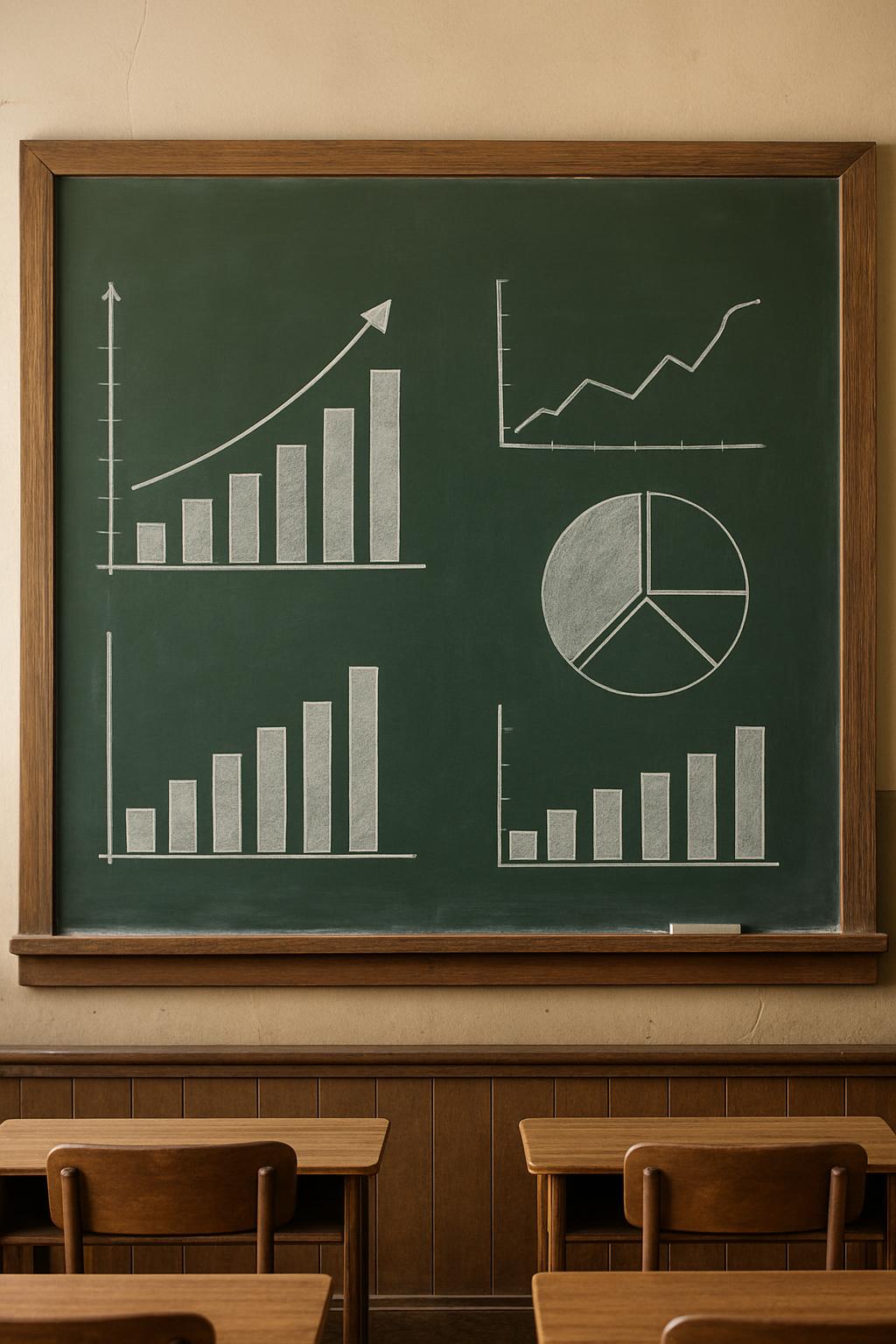 A collection of simple white graphs on a blackboard in a school's classroom. The designs are bar, pie, line, and line rise...