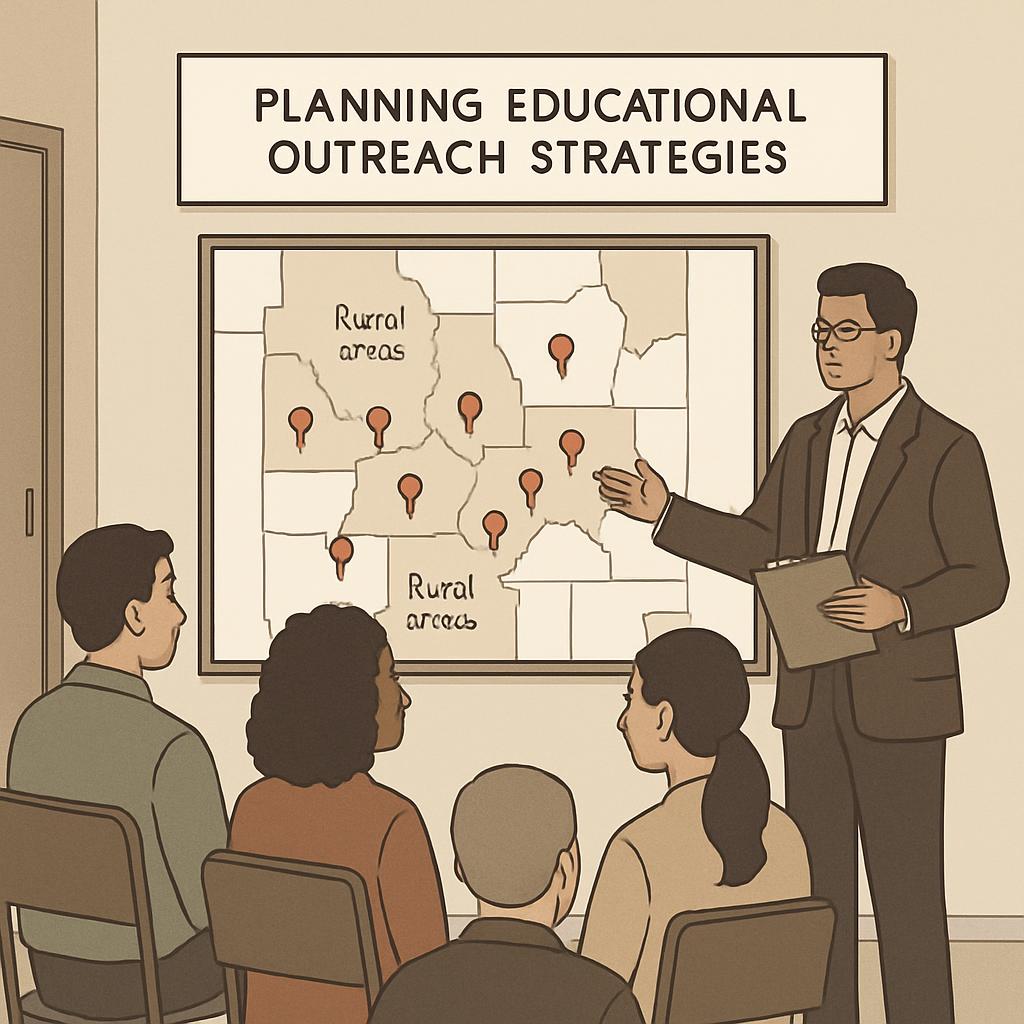 An illustration of a man pointing at a map with the heading "Planning Educational Outreach Strategies". The text "•Rural a...